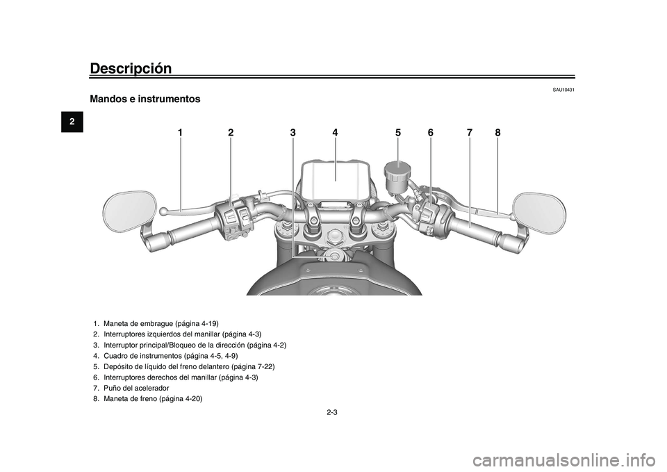 YAMAHA XSR 900 2022 Manuale de Empleo (in Spanish) Descripción
2-3
12
3
4
5
6
7
8
9
10
11
12
13
SAU10431
Mandos e instrumentos
12 34 5
7
8
6
1. Maneta de embrague (página 4-19)
2. Interruptores izquierdos del manillar (página 4-3)
3. Interruptor pr YAMAHA XSR 900 2022 Manuale de Empleo (in Spanish) Descripción
2-3
12
3
4
5
6
7
8
9
10
11
12
13
SAU10431
Mandos e instrumentos
12 34 5
7
8
6
1. Maneta de embrague (página 4-19)
2. Interruptores izquierdos del manillar (página 4-3)
3. Interruptor pr