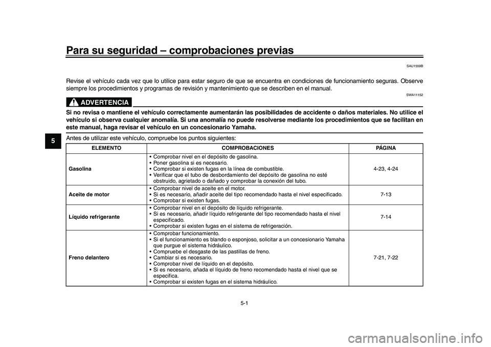 YAMAHA XSR 900 2022 Manuale de Empleo (in Spanish) 5-1
1
2
3
45
6
7
8
9
10
11
12
13
Para su seguridad – comprobaciones previas
SAU1559B
Revise el vehículo cada vez que lo utilice para estar seguro de que se encuentra en condiciones de funcionamien YAMAHA XSR 900 2022 Manuale de Empleo (in Spanish) 5-1
1
2
3
45
6
7
8
9
10
11
12
13
Para su seguridad – comprobaciones previas
SAU1559B
Revise el vehículo cada vez que lo utilice para estar seguro de que se encuentra en condiciones de funcionamien