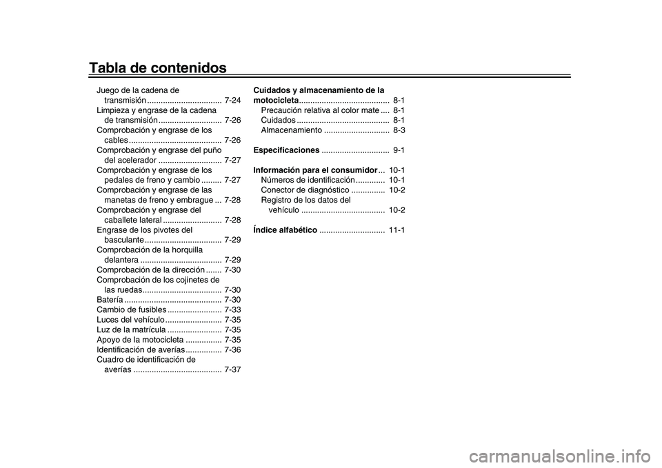 YAMAHA XSR 900 2022  Manuale de Empleo (in Spanish) Tabla de contenidosJuego de la cadena de transmisión .................................  7-24
Limpieza y engrase de la cadena  de transmisión ............................  7-26
Comprobación y engras