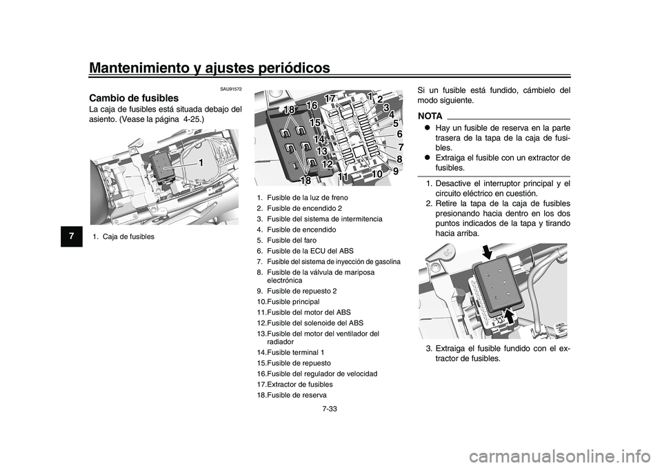 YAMAHA XSR 900 2022 Manuale de Empleo (in Spanish) Mantenimiento y ajustes periódicos
7-33
1
2
3
4
5
67
8
9
10
11
12
13
SAU91572
Cambio de fusiblesLa caja de fusibles está situada debajo del
asiento. (Vease la página 4-25.) Si un fusible está fund YAMAHA XSR 900 2022 Manuale de Empleo (in Spanish) Mantenimiento y ajustes periódicos
7-33
1
2
3
4
5
67
8
9
10
11
12
13
SAU91572
Cambio de fusiblesLa caja de fusibles está situada debajo del
asiento. (Vease la página 4-25.) Si un fusible está fund