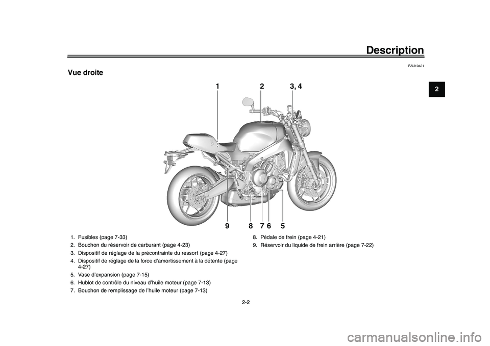 YAMAHA XSR 900 2022 Notices Demploi (in French) Description
2-2
123
4
5
6
7
8
9
10
11
12
13
FAU10421
Vue droite
752
1
8
9
6
3, 4
1. Fusibles (page 7-33)
2. Bouchon du réservoir de carburant (page 4-23)
3. Dispositif de réglage de la précontraint YAMAHA XSR 900 2022 Notices Demploi (in French) Description
2-2
123
4
5
6
7
8
9
10
11
12
13
FAU10421
Vue droite
752
1
8
9
6
3, 4
1. Fusibles (page 7-33)
2. Bouchon du réservoir de carburant (page 4-23)
3. Dispositif de réglage de la précontraint