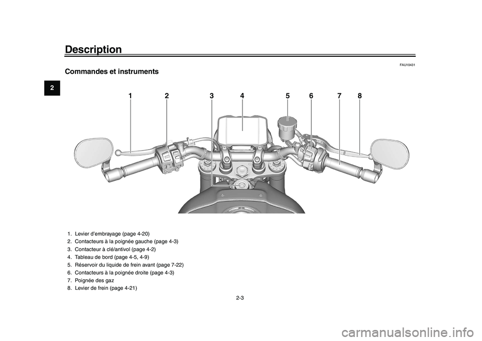 YAMAHA XSR 900 2022 Notices Demploi (in French) Description
2-3
12
3
4
5
6
7
8
9
10
11
12
13
FAU10431
Commandes et instruments
12 34 5
7
8
6
1. Levier d’embrayage (page 4-20)
2. Contacteurs à la poignée gauche (page 4-3)
3. Contacteur à clé/a YAMAHA XSR 900 2022 Notices Demploi (in French) Description
2-3
12
3
4
5
6
7
8
9
10
11
12
13
FAU10431
Commandes et instruments
12 34 5
7
8
6
1. Levier d’embrayage (page 4-20)
2. Contacteurs à la poignée gauche (page 4-3)
3. Contacteur à clé/a