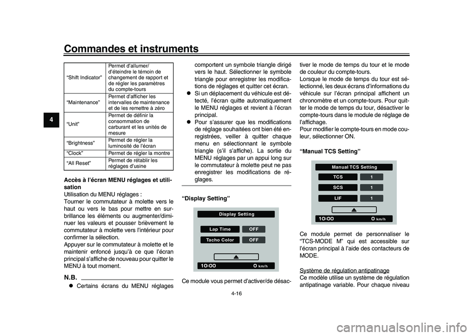 YAMAHA XSR 900 2022  Notices Demploi (in French) Commandes et instruments
4-16
1
2
34
5
6
7
8
9
10
11
12
13
Accès à l’écran MENU réglages et utili-
sation
Utilisation du MENU réglages :
Tourner le commutateur à molette vers le
haut ou vers l