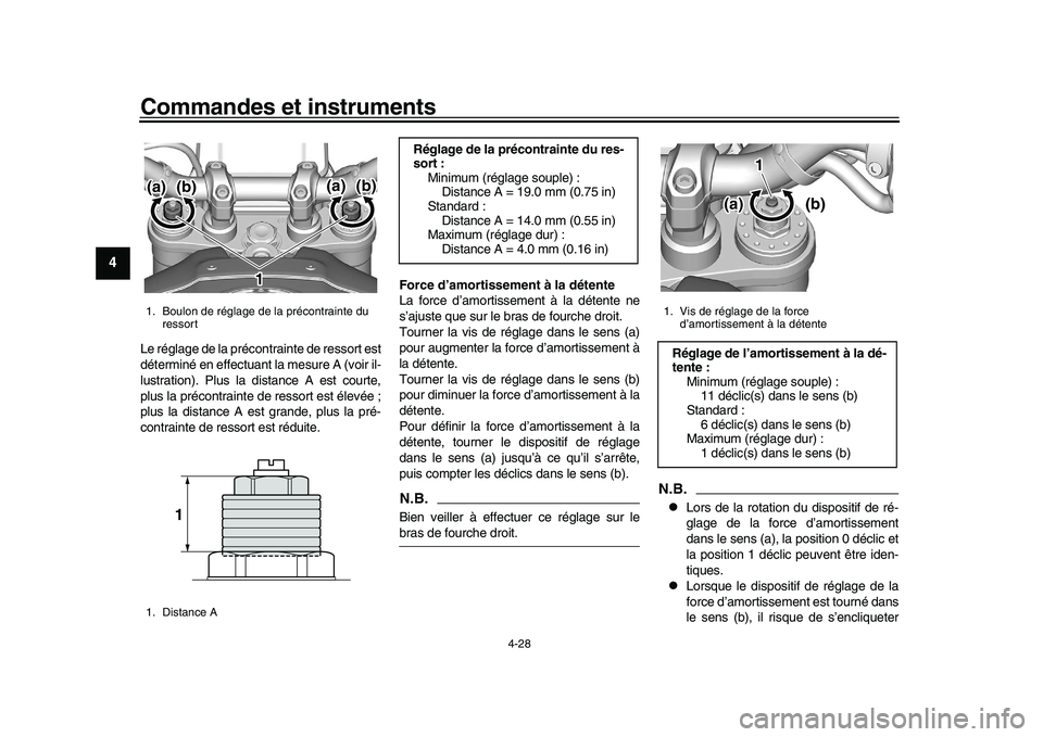 YAMAHA XSR 900 2022 Notices Demploi (in French) Commandes et instruments
4-28
1
2
34
5
6
7
8
9
10
11
12
13
Le réglage de la précontrainte de ressort est
déterminé en effectuant la mesure A (voir il-
lustration). Plus la distance A est courte,
p YAMAHA XSR 900 2022 Notices Demploi (in French) Commandes et instruments
4-28
1
2
34
5
6
7
8
9
10
11
12
13
Le réglage de la précontrainte de ressort est
déterminé en effectuant la mesure A (voir il-
lustration). Plus la distance A est courte,
p