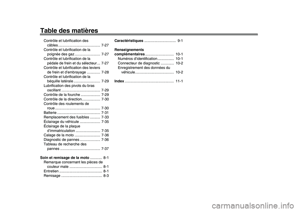 YAMAHA XSR 900 2022  Notices Demploi (in French) Table des matièresContrôle et lubrification des câbles .........................................  7-27
Contrôle et lubrification de la  poignée des gaz .........................  7-27
Contrôle e