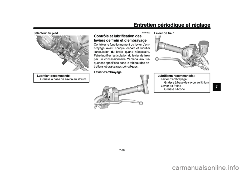 YAMAHA XSR 900 2022  Notices Demploi (in French) Entretien périodique et réglage
7-28
1
2
3
4
5
678
9
10
11
12
13
Sélecteur au pied
FAU94800
Contrôle et lubrification des 
leviers de frein et d’embrayageContrôler le fonctionnement du levier d