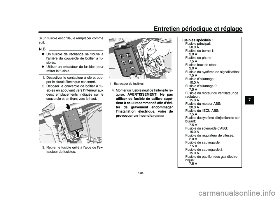 YAMAHA XSR 900 2022  Notices Demploi (in French) Entretien périodique et réglage
7-34
1
2
3
4
5
678
9
10
11
12
13
Si un fusible est grillé, le remplacer comme
suit.N.B.
Un fusible de rechange se trouve à
l’arrière du couvercle de boîtier 