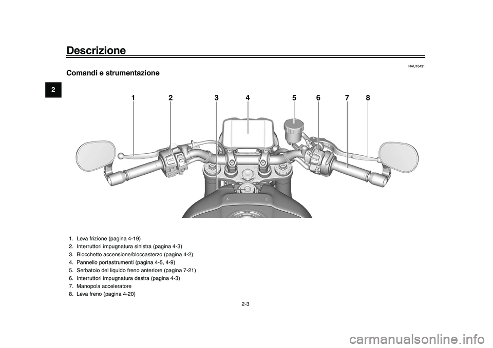 YAMAHA XSR 900 2022  Manuale duso (in Italian) Descrizione
2-3
12
3
4
5
6
7
8
9
10
11
12
13
HAU10431
Comandi e strumentazione
12 34 5
7
8
6
1. Leva frizione (pagina 4-19)
2. Interruttori impugnatura sinistra (pagina 4-3)
3. Blocchetto accensione/b