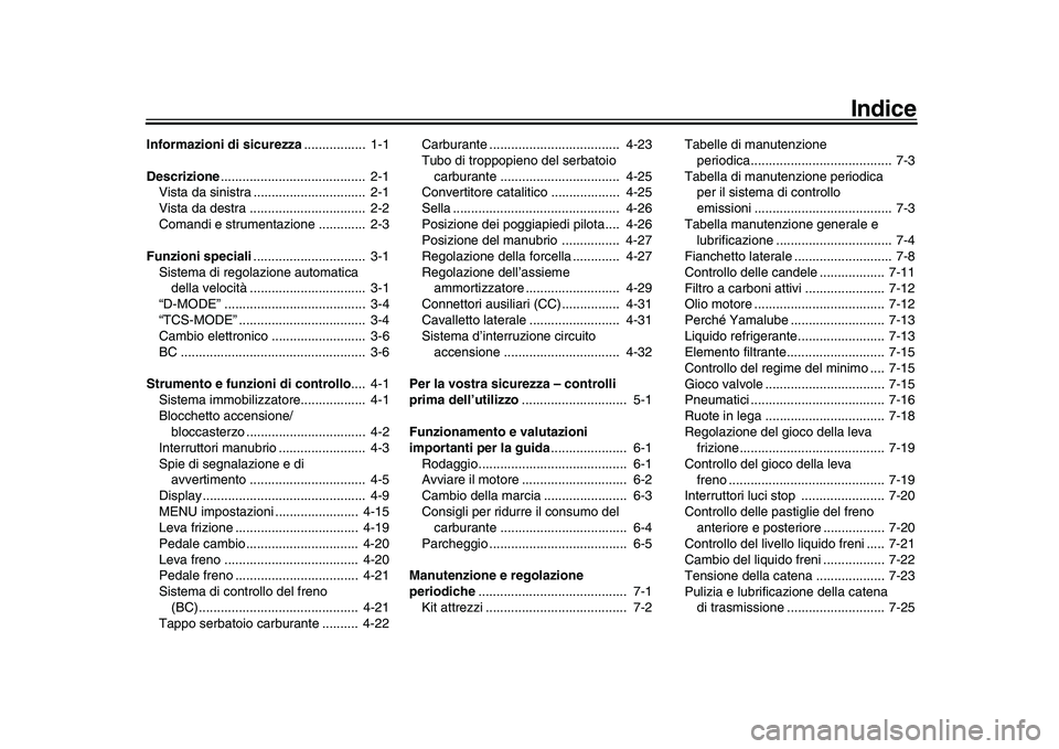 YAMAHA XSR 900 2022  Manuale duso (in Italian) Indice
Informazioni di sicurezza.................  1-1
Descrizione ........................................  2-1
Vista da sinistra ...............................  2-1
Vista da destra ................