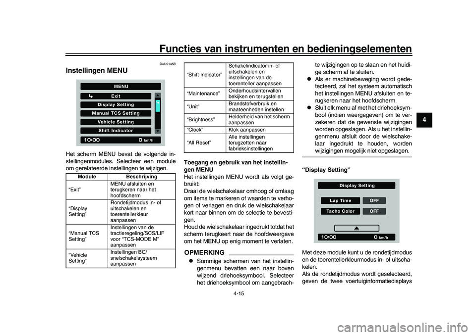 YAMAHA XSR 900 2022  Instructieboekje (in Dutch) Functies van instrumenten en bedieningselementen
4-15
1
2
345
6
7
8
9
10
11
12
13
DAU9145B
Instellingen MENUHet scherm MENU bevat de volgende in-
stellingenmodules. Selecteer een module
om gerelateerd