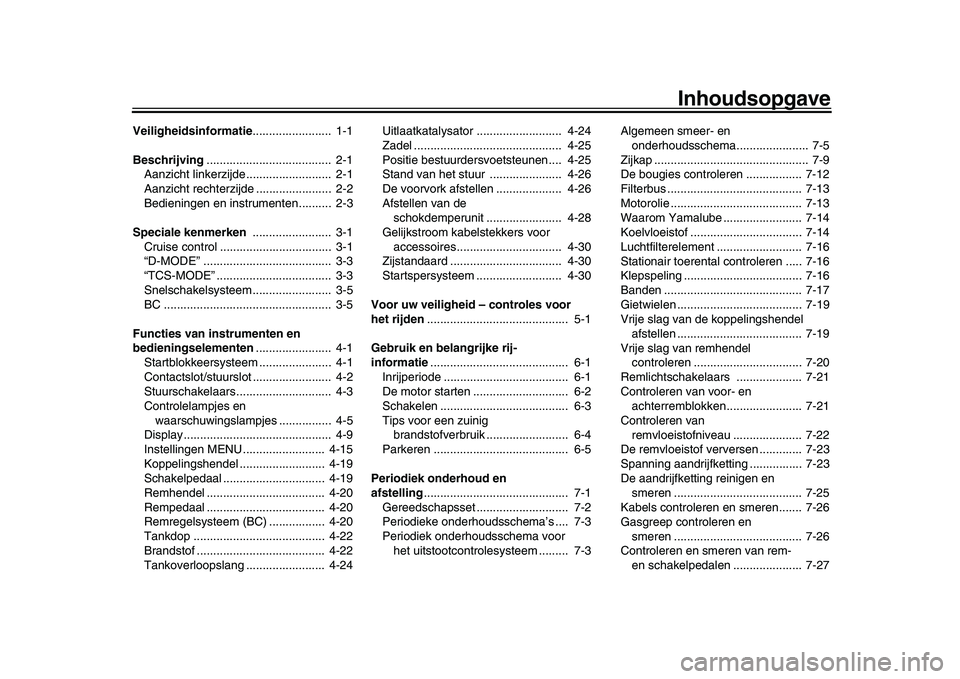 YAMAHA XSR 900 2022 Instructieboekje (in Dutch) Inhoudsopgave
Veiligheidsinformatie........................ 1-1
Beschrijving ...................................... 2-1
Aanzicht linkerzijde.......................... 2-1
Aanzicht rechterzijde .... YAMAHA XSR 900 2022 Instructieboekje (in Dutch) Inhoudsopgave
Veiligheidsinformatie........................ 1-1
Beschrijving ...................................... 2-1
Aanzicht linkerzijde.......................... 2-1
Aanzicht rechterzijde ....