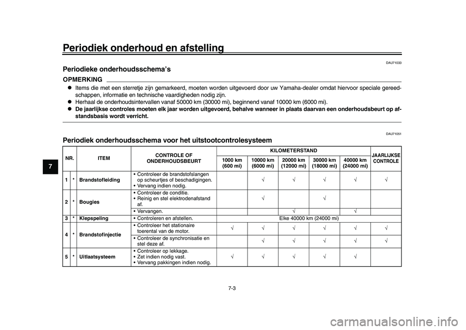 YAMAHA XSR 900 2022 Instructieboekje (in Dutch) Periodiek onderhoud en afstelling
7-3
1
2
3
4
5
67
8
9
10
11
12
13
DAU71033
Periodieke onderhoudsschema’sOPMERKING
Items die met een sterretje zijn gemarkeerd, moeten worden ui tgevoerd door uw Y YAMAHA XSR 900 2022 Instructieboekje (in Dutch) Periodiek onderhoud en afstelling
7-3
1
2
3
4
5
67
8
9
10
11
12
13
DAU71033
Periodieke onderhoudsschema’sOPMERKING
Items die met een sterretje zijn gemarkeerd, moeten worden ui tgevoerd door uw Y