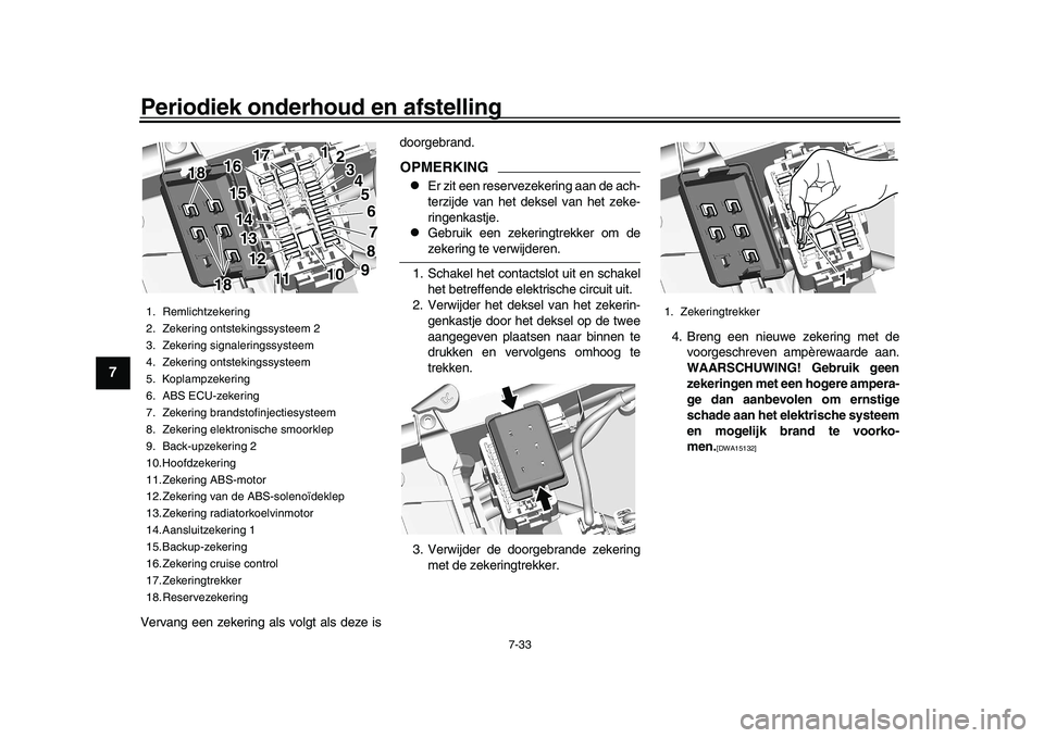 YAMAHA XSR 900 2022  Instructieboekje (in Dutch) Periodiek onderhoud en afstelling
7-33
1
2
3
4
5
67
8
9
10
11
12
13
Vervang een zekering als volgt als deze is doorgebrand.
OPMERKING
Er zit een reservezekering aan de ach-
terzijde van het deksel 