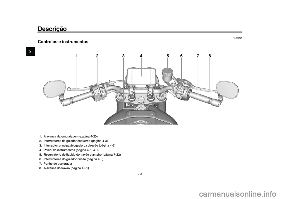 YAMAHA XSR 900 2022 Manual de utilização (in Portuguese) Descrição
2-3
12
3
4
5
6
7
8
9
10
11
12
13
PAU10431
Controlos e instrumentos
12 34 5
7
8
6
1. Alavanca da embraiagem (página 4-20)
2. Interruptores do guiador esquerdo (página 4-3)
3. Interruptor YAMAHA XSR 900 2022 Manual de utilização (in Portuguese) Descrição
2-3
12
3
4
5
6
7
8
9
10
11
12
13
PAU10431
Controlos e instrumentos
12 34 5
7
8
6
1. Alavanca da embraiagem (página 4-20)
2. Interruptores do guiador esquerdo (página 4-3)
3. Interruptor