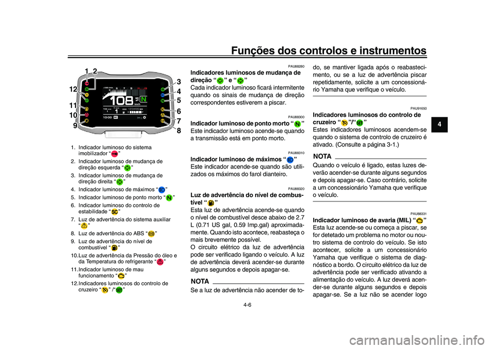 YAMAHA XSR 900 2022 Manual de utilização (in Portuguese) Funções dos controlos e instrumentos
4-6
1
2
345
6
7
8
9
10
11
12
13
PAU88280
Indicadores luminosos de mudança de
direção “ ” e “ ”
Cada indicador luminoso ficará intermitente
quando os YAMAHA XSR 900 2022 Manual de utilização (in Portuguese) Funções dos controlos e instrumentos
4-6
1
2
345
6
7
8
9
10
11
12
13
PAU88280
Indicadores luminosos de mudança de
direção “ ” e “ ”
Cada indicador luminoso ficará intermitente
quando os
