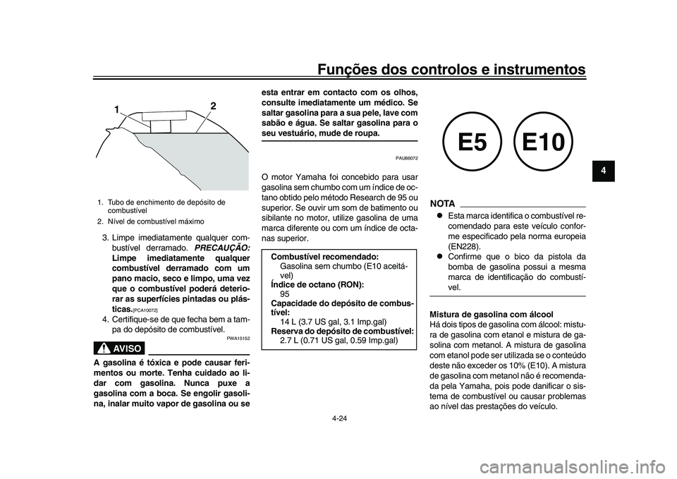 YAMAHA XSR 900 2022 Manual de utilização (in Portuguese) Funções dos controlos e instrumentos
4-24
1
2
345
6
7
8
9
10
11
12
13
3. Limpe imediatamente qualquer com- bustível derramado. PRECAUÇÃO:
Limpe imediatamente qualquer
combustível derramado com YAMAHA XSR 900 2022 Manual de utilização (in Portuguese) Funções dos controlos e instrumentos
4-24
1
2
345
6
7
8
9
10
11
12
13
3. Limpe imediatamente qualquer com- bustível derramado. PRECAUÇÃO:
Limpe imediatamente qualquer
combustível derramado com