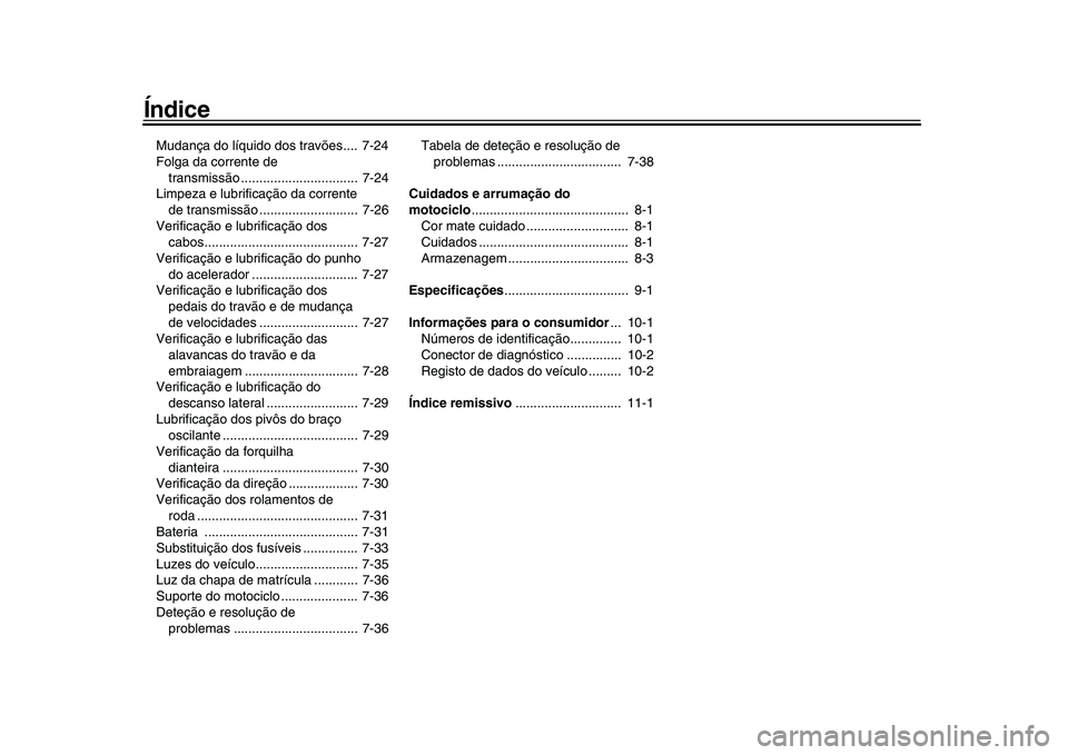 YAMAHA XSR 900 2022  Manual de utilização (in Portuguese) ÍndiceMudança do líquido dos travões....  7-24
Folga da corrente de transmissão ................................  7-24
Limpeza e lubrificação da corrente  de transmissão ......................