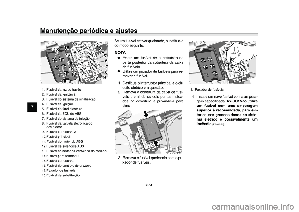 YAMAHA XSR 900 2022  Manual de utilização (in Portuguese) Manutenção periódica e ajustes
7-34
1
2
3
4
5
67
8
9
10
11
12
13
Se um fusível estiver queimado, substitua-o
do modo seguinte.NOTA
Existe um fusível de substituição na
parte posterior da cob
