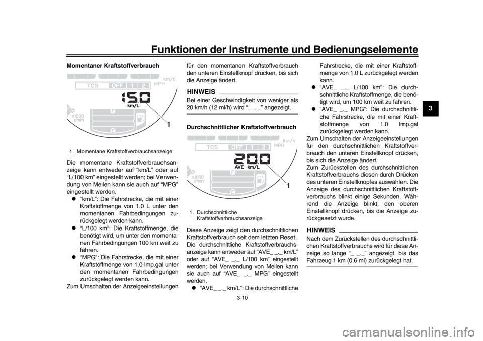 YAMAHA XSR 900 2020 Betriebsanleitungen (in German) Funktionen der Instrumente und Bedienungselemente
3-10
1
234
5
6
7
8
9
10
11
12
Momentaner Kraftstoffverbrauch
Die momentane Kraftstoffverbrauchsan-
zeige kann entweder auf “km/L” oder auf
“L/10 YAMAHA XSR 900 2020 Betriebsanleitungen (in German) Funktionen der Instrumente und Bedienungselemente
3-10
1
234
5
6
7
8
9
10
11
12
Momentaner Kraftstoffverbrauch
Die momentane Kraftstoffverbrauchsan-
zeige kann entweder auf “km/L” oder auf
“L/10
