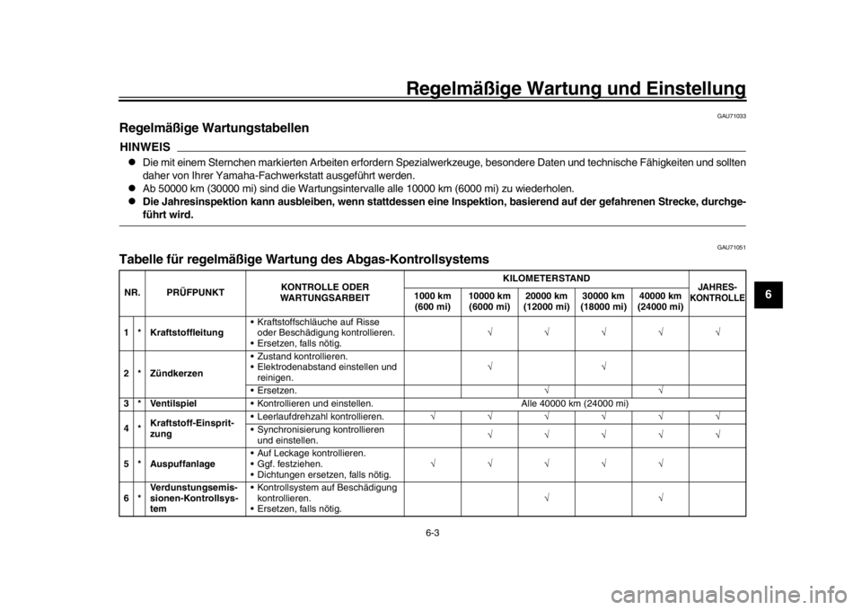 YAMAHA XSR 900 2020  Betriebsanleitungen (in German) Regelmäßige Wartung und Einstellung
6-3
1
2
3
4
567
8
9
10
11
12
GAU71033
Regelmäßige WartungstabellenHINWEIS
Die mit einem Sternchen markierten Arbei ten erfordern Spezialwerkzeuge, besondere 