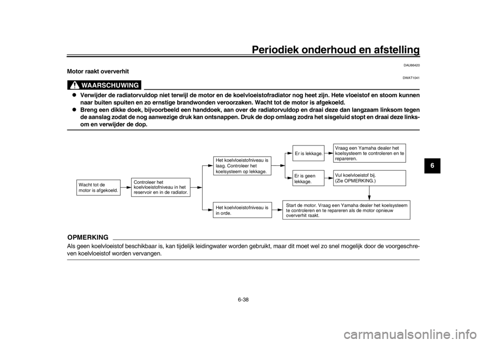 YAMAHA XSR 900 2020  Instructieboekje (in Dutch) Periodiek onderhoud en afstelling
6-38
1
2
3
4
567
8
9
10
11
12
DAU86420
Motor raakt oververhit
WAARSCHUWING
DWAT1041

Verwijder de radiatorvuldop niet terwijl de motor en de koel vloeistofradiator