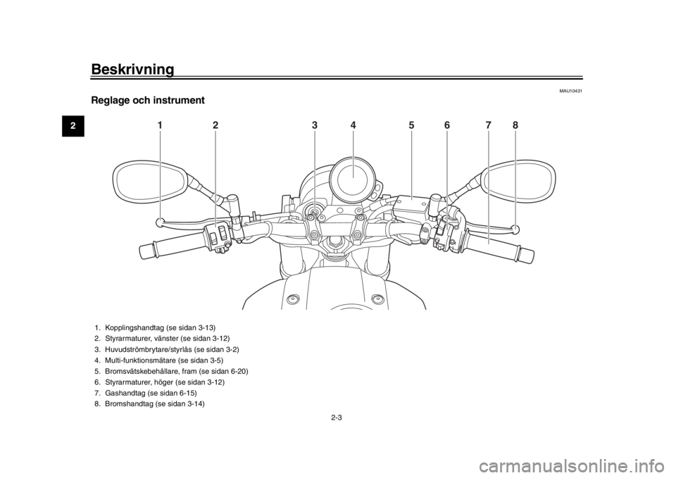 YAMAHA XSR 900 2020 Bruksanvisningar (in Swedish) Beskrivning
2-3
12
3
4
5
6
7
8
9
10
11
12
MAU10431
Reglage och instrument
1
2
5
4
3
6
7
8
1. Kopplingshandtag (se sidan 3-13)
2. Styrarmaturer, vänster (se sidan 3-12)
3. Huvudströmbrytare/styrlås YAMAHA XSR 900 2020 Bruksanvisningar (in Swedish) Beskrivning
2-3
12
3
4
5
6
7
8
9
10
11
12
MAU10431
Reglage och instrument
1
2
5
4
3
6
7
8
1. Kopplingshandtag (se sidan 3-13)
2. Styrarmaturer, vänster (se sidan 3-12)
3. Huvudströmbrytare/styrlås