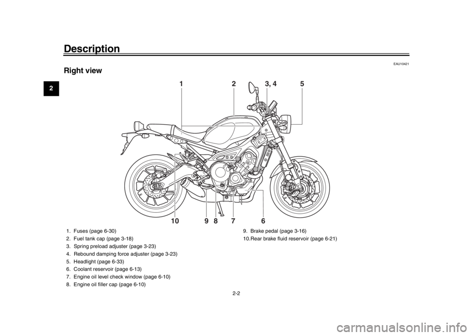 YAMAHA XSR 900 2019 User Guide Description
2-2
12
3
4
5
6
7
8
9
10
11
12
EAU10421
Right view
2
5
8
7
9
6
10
1
3, 4
1. Fuses (page 6-30)
2. Fuel tank cap (page 3-18)
3. Spring preload adjuster (page 3-23)
4. Rebound damping force ad