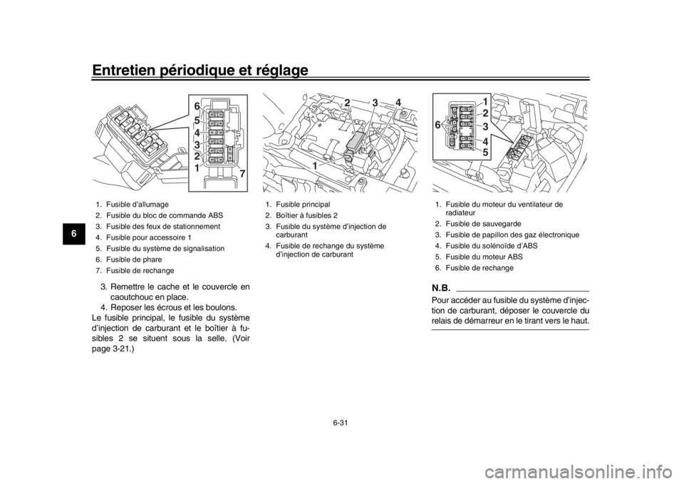 YAMAHA XSR 900 2019 Notices Demploi (in French) Entretien périodique et réglage
6-31
1
2
3
4
56
7
8
9
10
11
12
3. Remettre le cache et le couvercle en caoutchouc en place.
4. Reposer les écrous et les boulons.
Le fusible principal, le fusible du YAMAHA XSR 900 2019 Notices Demploi (in French) Entretien périodique et réglage
6-31
1
2
3
4
56
7
8
9
10
11
12
3. Remettre le cache et le couvercle en caoutchouc en place.
4. Reposer les écrous et les boulons.
Le fusible principal, le fusible du