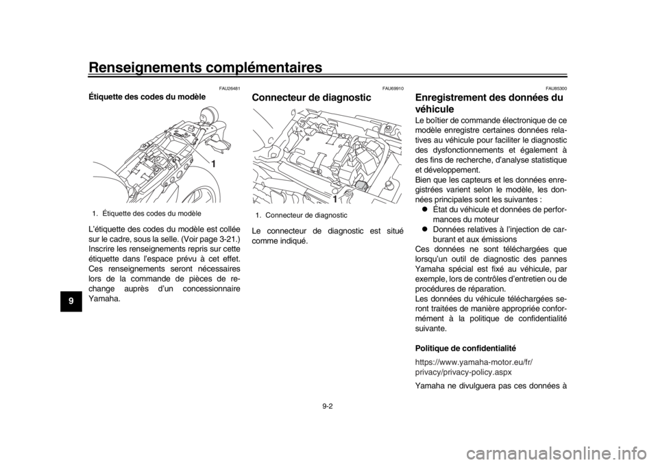 YAMAHA XSR 900 2019 Notices Demploi (in French) Renseignements complémentaires
9-2
1
2
3
4
5
6
7
89
10
11
12
FAU26481
Étiquette des codes du modèle
L’étiquette des codes du modèle est collée
sur le cadre, sous la selle. (Voir page 3-21.)
In YAMAHA XSR 900 2019 Notices Demploi (in French) Renseignements complémentaires
9-2
1
2
3
4
5
6
7
89
10
11
12
FAU26481
Étiquette des codes du modèle
L’étiquette des codes du modèle est collée
sur le cadre, sous la selle. (Voir page 3-21.)
In