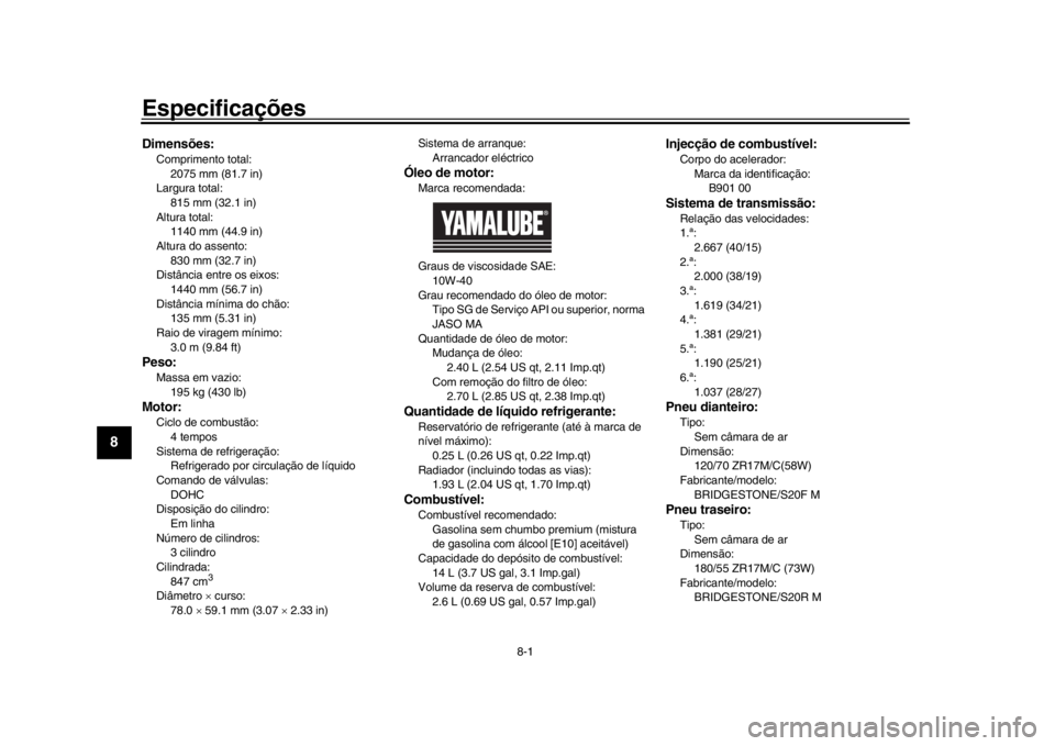 YAMAHA XSR 900 2019 Manual de utilização (in Portuguese) 8-1
1
2
3
4
5
6
78
9
10
11
12
Especificações
PAU84802
Dimensões:Comprimento total: 2075 mm (81.7 in)
Largura total: 815 mm (32.1 in)
Altura total: 1140 mm (44.9 in)
Altura do assento:
830 mm (32.7 YAMAHA XSR 900 2019 Manual de utilização (in Portuguese) 8-1
1
2
3
4
5
6
78
9
10
11
12
Especificações
PAU84802
Dimensões:Comprimento total: 2075 mm (81.7 in)
Largura total: 815 mm (32.1 in)
Altura total: 1140 mm (44.9 in)
Altura do assento:
830 mm (32.7
