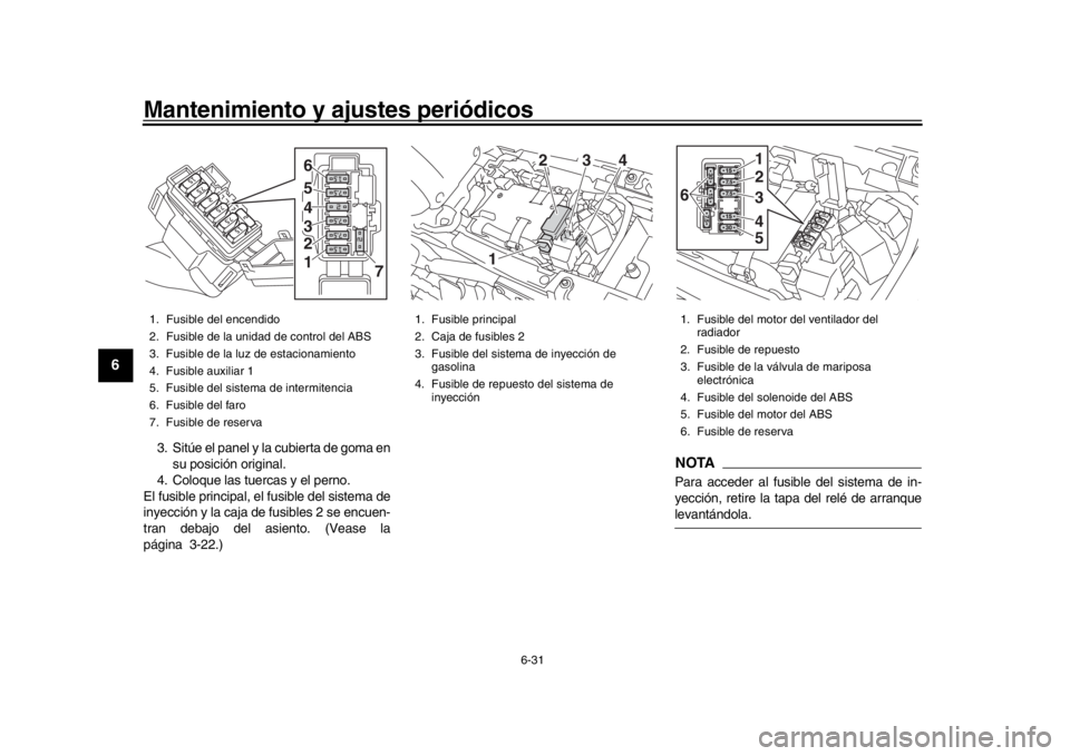 YAMAHA XSR 900 2018 Manuale de Empleo (in Spanish) Mantenimiento y ajustes periódicos
6-31
1
2
3
4
56
7
8
9
10
11
12
3. Sitúe el panel y la cubierta de goma en su posición original.
4. Coloque las tuercas y el perno.
El fusible principal, el fusibl YAMAHA XSR 900 2018 Manuale de Empleo (in Spanish) Mantenimiento y ajustes periódicos
6-31
1
2
3
4
56
7
8
9
10
11
12
3. Sitúe el panel y la cubierta de goma en su posición original.
4. Coloque las tuercas y el perno.
El fusible principal, el fusibl