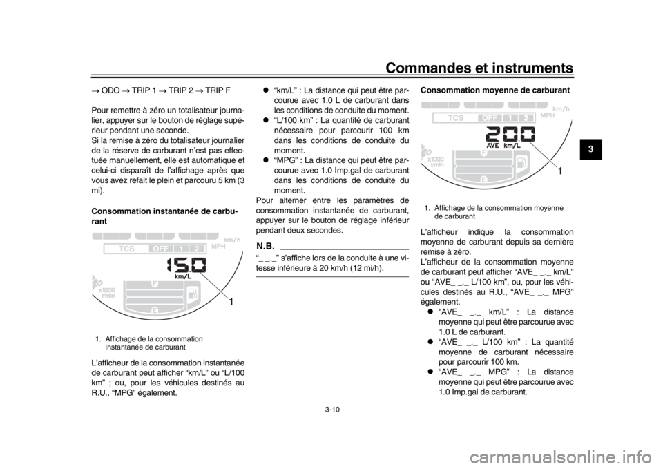 YAMAHA XSR 900 2018 Notices Demploi (in French) Commandes et instruments
3-10
1
234
5
6
7
8
9
10
11
12
ODO TRIP 1 TRIP 2 TRIP F
Pour remettre à zéro un totalisateur journa-
lier, appuyer sur le bouton de réglage supé-
rieur YAMAHA XSR 900 2018 Notices Demploi (in French) Commandes et instruments
3-10
1
234
5
6
7
8
9
10
11
12
ODO TRIP 1 TRIP 2 TRIP F
Pour remettre à zéro un totalisateur journa-
lier, appuyer sur le bouton de réglage supé-
rieur