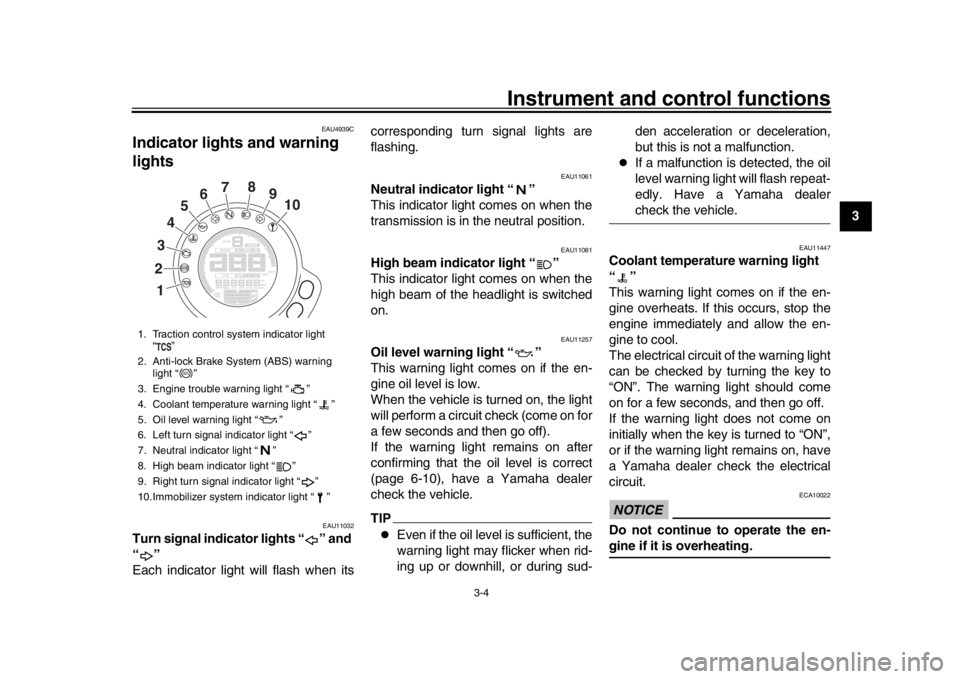 YAMAHA XSR 900 2017  Owners Manual Instrument and control functions
3-4
1
234
5
6
7
8
9
10
11
12
EAU4939C
Indicator lights and warning 
lights
EAU11032
Turn signal indicator lights “ ” and 
“”
Each indicator light will flash wh