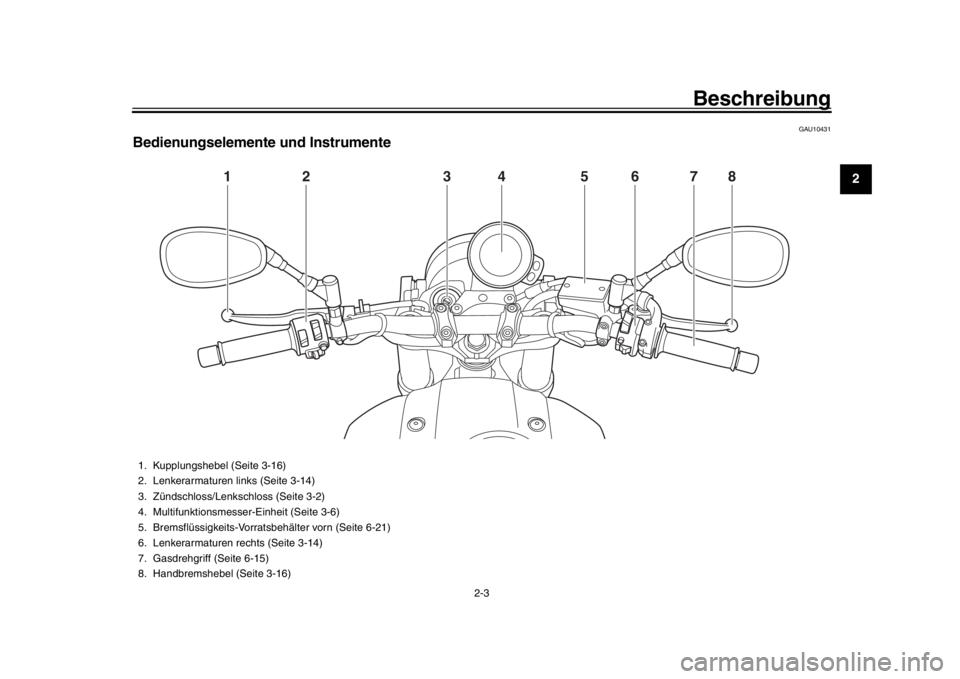 YAMAHA XSR 900 2017  Betriebsanleitungen (in German) Beschreibung
2-3
123
4
5
6
7
8
9
10
11
12
GAU10431
Bedienungselemente und Instrumente
1
2
5
4
3
6
7
8
1. Kupplungshebel (Seite 3-16)
2. Lenkerarmaturen links (Seite 3-14)
3. Zündschloss/Lenkschloss (