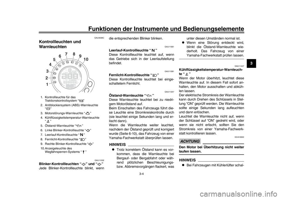 YAMAHA XSR 900 2017  Betriebsanleitungen (in German) Funktionen der Instrumente und Bedienungselemente
3-4
1
234
5
6
7
8
9
10
11
12
GAU4939C
Kontrollleuchten und 
Warnleuchten
GAU11032
Blinker-Kontrollleuchten “ ” und “ ”
Jede Blinker-Kontrollle