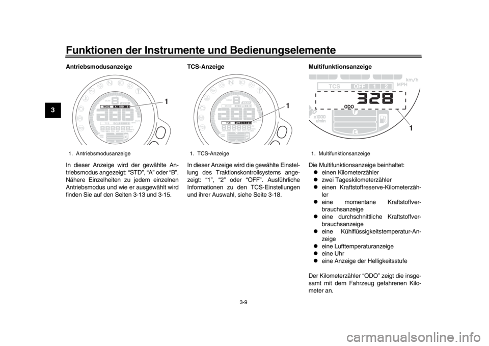 YAMAHA XSR 900 2017  Betriebsanleitungen (in German) Funktionen der Instrumente und Bedienungselemente
3-9
1
23
4
5
6
7
8
9
10
11
12
Antriebsmodusanzeige
In dieser Anzeige wird der gewählte An-
triebsmodus angezeigt: “STD”, “A” oder “B”.
N�