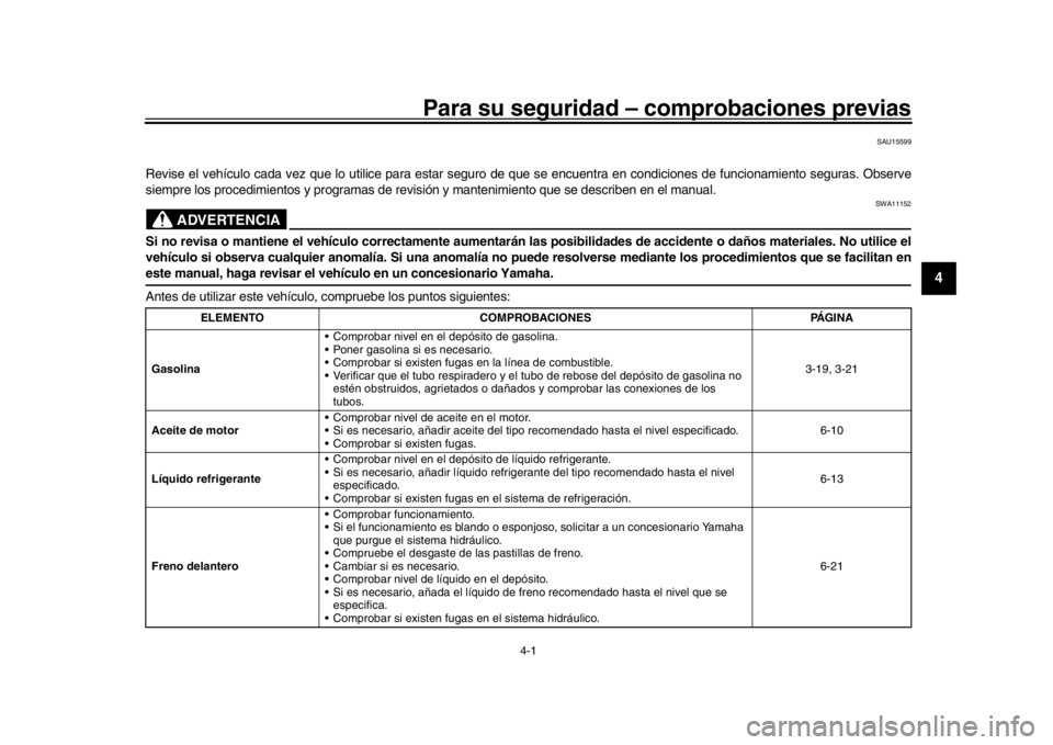 YAMAHA XSR 900 2017 Manuale de Empleo (in Spanish) 4-1
1
2
345
6
7
8
9
10
11
12
Para su seguridad – comprobaciones previas
SAU15599
Revise el vehículo cada vez que lo utilice para estar seguro de que se encuentra en condiciones de funcionamiento s YAMAHA XSR 900 2017 Manuale de Empleo (in Spanish) 4-1
1
2
345
6
7
8
9
10
11
12
Para su seguridad – comprobaciones previas
SAU15599
Revise el vehículo cada vez que lo utilice para estar seguro de que se encuentra en condiciones de funcionamiento s