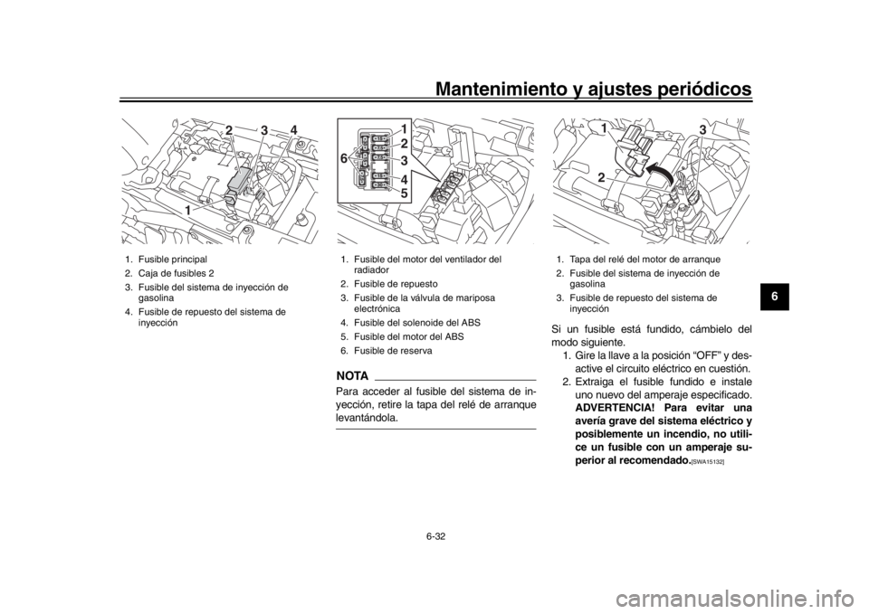 YAMAHA XSR 900 2017 Manuale de Empleo (in Spanish) Mantenimiento y ajustes periódicos6-32
1
2
3
4
567
8
9
10
11
12
NOTAPara acceder al fusible del sistema de in-
yección, retire la tapa del relé de arranquelevantándola. Si un fusible está fundido YAMAHA XSR 900 2017 Manuale de Empleo (in Spanish) Mantenimiento y ajustes periódicos6-32
1
2
3
4
567
8
9
10
11
12
NOTAPara acceder al fusible del sistema de in-
yección, retire la tapa del relé de arranquelevantándola. Si un fusible está fundido