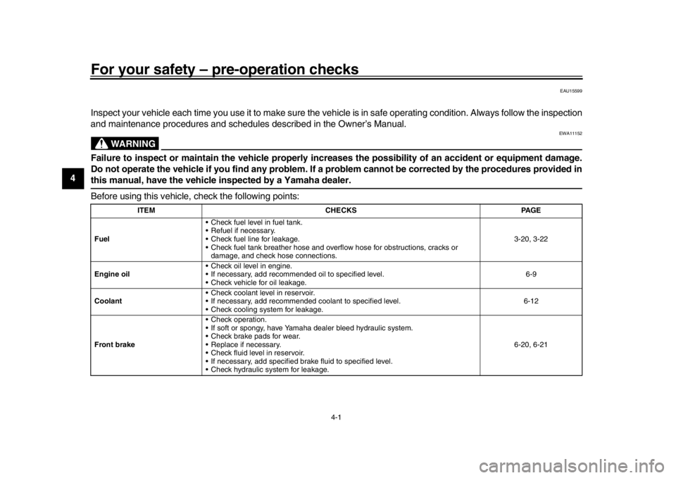 YAMAHA XSR 900 2016 Service Manual 4-1
1
2
34
5
6
7
8
9
10
11
12
For your safety – pre-operation checks
EAU15599
Inspect your vehicle each time you use it to make sure the vehi cle is in safe operating condition. Always follow the in YAMAHA XSR 900 2016 Service Manual 4-1
1
2
34
5
6
7
8
9
10
11
12
For your safety – pre-operation checks
EAU15599
Inspect your vehicle each time you use it to make sure the vehi cle is in safe operating condition. Always follow the in