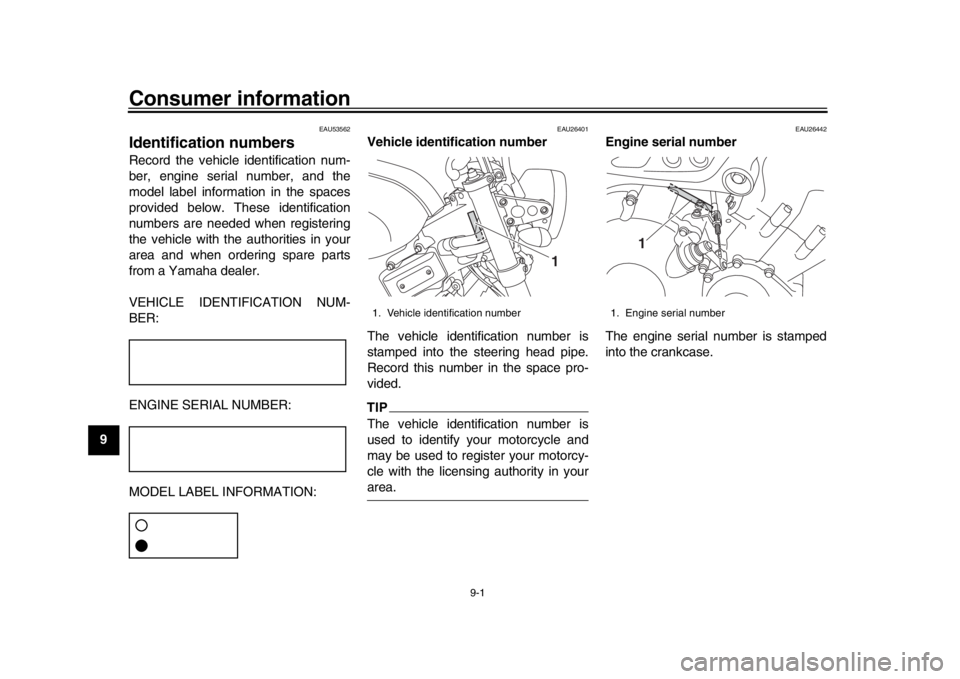 YAMAHA XSR 900 2016 Owners Manual 9-1
1
2
3
4
5
6
7
89
10
11
12
Consumer information
EAU53562
Identification numbersRecord the vehicle identification num-
ber, engine serial number, and the
model label information in the spaces
provid YAMAHA XSR 900 2016 Owners Manual 9-1
1
2
3
4
5
6
7
89
10
11
12
Consumer information
EAU53562
Identification numbersRecord the vehicle identification num-
ber, engine serial number, and the
model label information in the spaces
provid