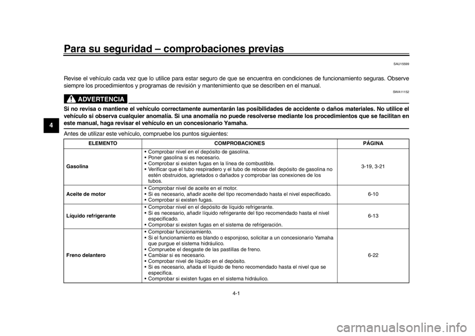 YAMAHA XSR 900 2016 Manuale de Empleo (in Spanish) 4-1
1
2
34
5
6
7
8
9
10
11
12
Para su seguridad – comprobaciones previas
SAU15599
Revise el vehículo cada vez que lo utilice para estar seguro de que se encuentra en condiciones de funcionamiento YAMAHA XSR 900 2016 Manuale de Empleo (in Spanish) 4-1
1
2
34
5
6
7
8
9
10
11
12
Para su seguridad – comprobaciones previas
SAU15599
Revise el vehículo cada vez que lo utilice para estar seguro de que se encuentra en condiciones de funcionamiento