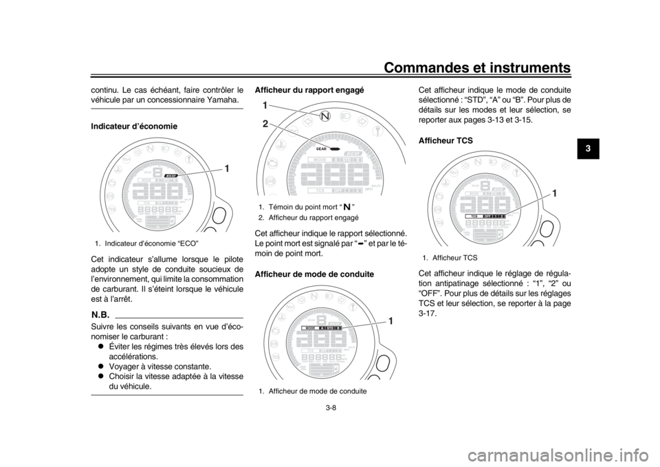 YAMAHA XSR 900 2016 Notices Demploi (in French) Commandes et instruments
3-8
1
234
5
6
7
8
9
10
11
12
continu. Le cas échéan t, faire contrôler levéhicule par un concessionnaire Yamaha.
Indicateur d’économie
Cet indicateur s’allume lorsque YAMAHA XSR 900 2016 Notices Demploi (in French) Commandes et instruments
3-8
1
234
5
6
7
8
9
10
11
12
continu. Le cas échéan t, faire contrôler levéhicule par un concessionnaire Yamaha.
Indicateur d’économie
Cet indicateur s’allume lorsque