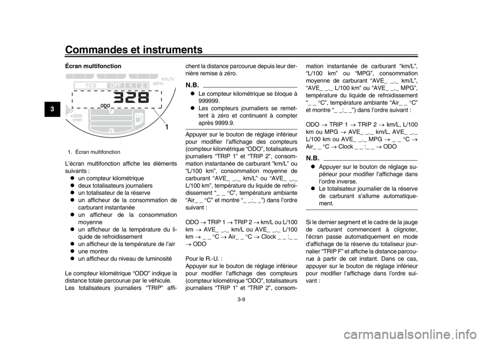 YAMAHA XSR 900 2016 Notices Demploi (in French) Commandes et instruments
3-9
1
23
4
5
6
7
8
9
10
11
12
Écran multifonction
L’écran multifonction affiche les éléments
suivants :
un compteur kilométrique
deux totalisateurs journaliers
YAMAHA XSR 900 2016 Notices Demploi (in French) Commandes et instruments
3-9
1
23
4
5
6
7
8
9
10
11
12
Écran multifonction
L’écran multifonction affiche les éléments
suivants :
un compteur kilométrique
deux totalisateurs journaliers