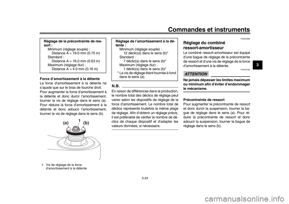 YAMAHA XSR 900 2016  Notices Demploi (in French) Commandes et instruments
3-24
1
234
5
6
7
8
9
10
11
12
Force d’amortissement à la détente
La force d’amortissem ent à la détente ne
s’ajuste que sur le bras de fourche droit.
Pour augmenter 