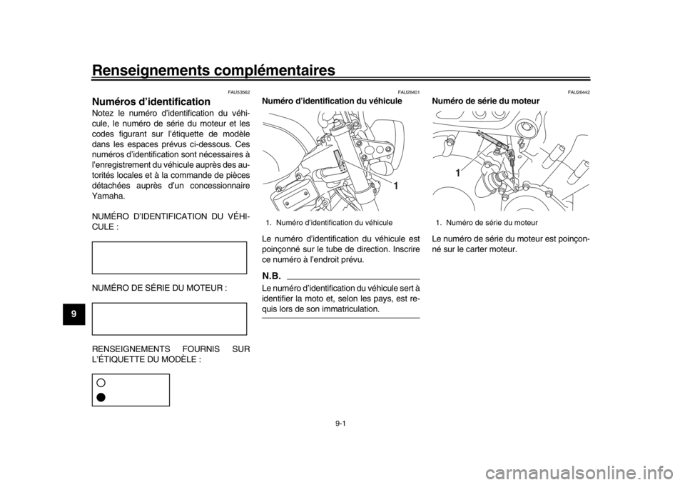 YAMAHA XSR 900 2016 Notices Demploi (in French) 9-1
1
2
3
4
5
6
7
89
10
11
12
Renseignements complémentaires
FAU53562
Numéros d’identificationNotez le numéro d’identification du véhi-
cule, le numéro de série du moteur et les
codes figura YAMAHA XSR 900 2016 Notices Demploi (in French) 9-1
1
2
3
4
5
6
7
89
10
11
12
Renseignements complémentaires
FAU53562
Numéros d’identificationNotez le numéro d’identification du véhi-
cule, le numéro de série du moteur et les
codes figura