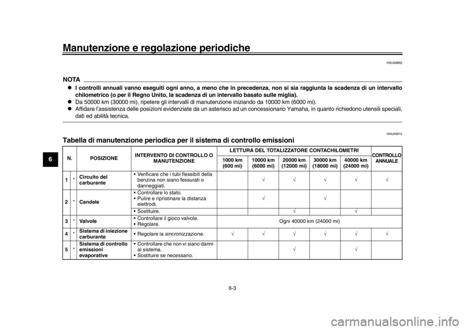 YAMAHA XSR 900 2016 Manuale duso (in Italian) Manutenzione e regolazione periodiche
6-3
1
2
3
4
56
7
8
9
10
11
12
HAU46862
NOTA
I controlli annuali vanno eseguiti ogni anno, a meno che in precedenza, non si sia raggiunta la scadenza di un inte YAMAHA XSR 900 2016 Manuale duso (in Italian) Manutenzione e regolazione periodiche
6-3
1
2
3
4
56
7
8
9
10
11
12
HAU46862
NOTA
I controlli annuali vanno eseguiti ogni anno, a meno che in precedenza, non si sia raggiunta la scadenza di un inte