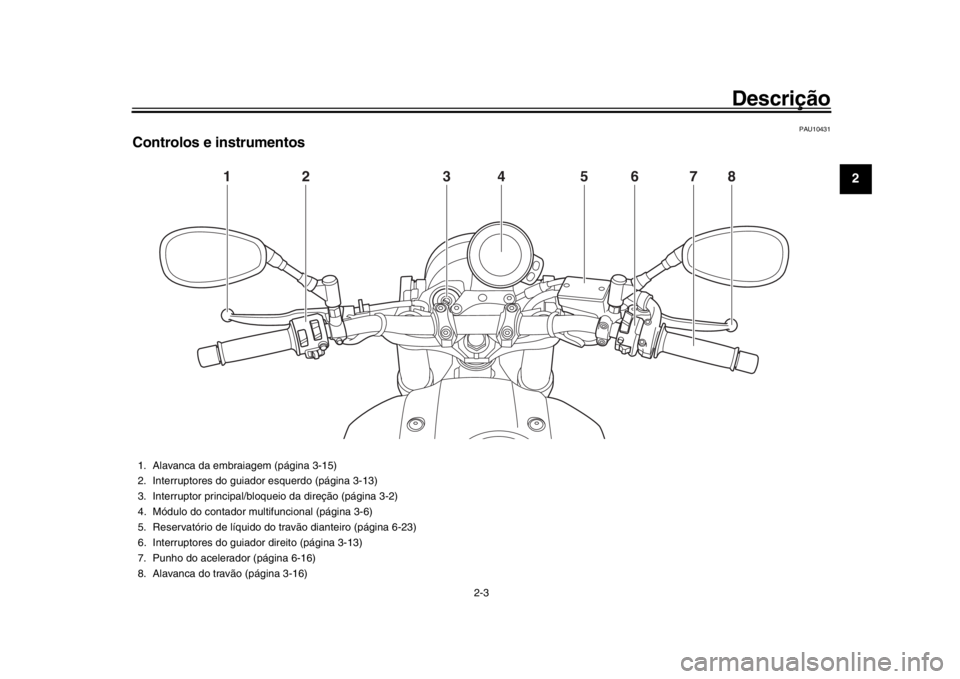 YAMAHA XSR 900 2016  Manual de utilização (in Portuguese) Descrição
2-3
123
4
5
6
7
8
9
10
11
12
PAU10431
Controlos e instrumentos
1
2
5
4
3
6
7
8
1. Alavanca da embraiagem (página 3-15)
2. Interruptores do guiador esquerdo (página 3-13)
3. Interruptor p