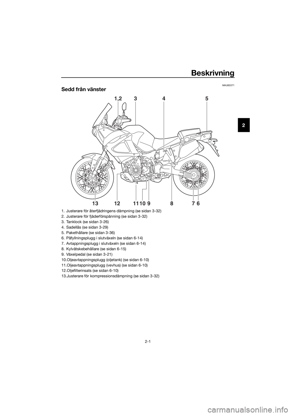 YAMAHA XT1200Z 2019 Bruksanvisningar (in Swedish) Beskrivning
2-1
2
MAU63371
Sedd från vänster
35
6
7891011
41,2
1213
1. Justerare för återfjädringens dämpning (se sidan 3-32)
2. Justerare för fjäderförspänning (se sidan 3-32)
3. Tanklock ( YAMAHA XT1200Z 2019 Bruksanvisningar (in Swedish) Beskrivning
2-1
2
MAU63371
Sedd från vänster
35
6
7891011
41,2
1213
1. Justerare för återfjädringens dämpning (se sidan 3-32)
2. Justerare för fjäderförspänning (se sidan 3-32)
3. Tanklock (