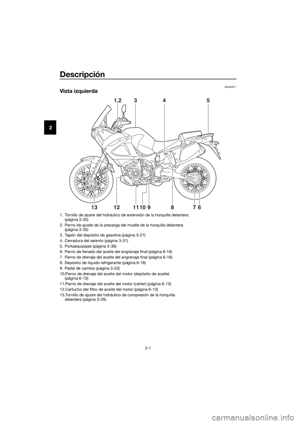 YAMAHA XT1200Z 2017 Manuale de Empleo (in Spanish) Descripción
2-1
2
SAU63371
Vista izquierda
35
6
7891011
41,2
1213
1. Tornillo de ajuste del hidráulico de extensión de la horquilla delantera
(página 3-35)
2. Perno de ajuste de la precarga del YAMAHA XT1200Z 2017 Manuale de Empleo (in Spanish) Descripción
2-1
2
SAU63371
Vista izquierda
35
6
7891011
41,2
1213
1. Tornillo de ajuste del hidráulico de extensión de la horquilla delantera
(página 3-35)
2. Perno de ajuste de la precarga del