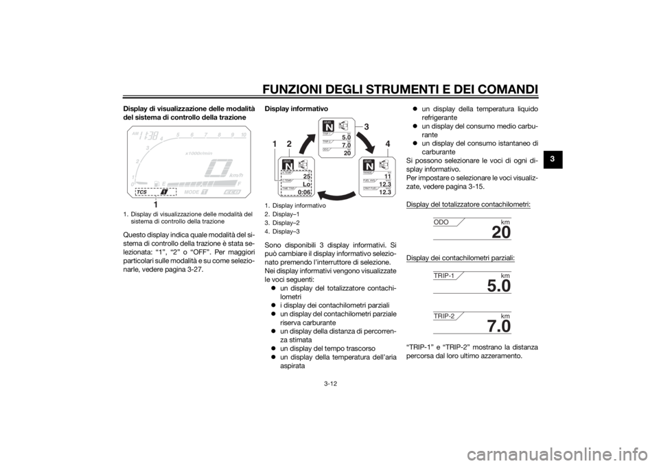 YAMAHA XT1200Z 2015 Manuale duso (in Italian) FUNZIONI DEGLI STRUMENTI E DEI COMANDI
3-12
3
Display di visualizzazione delle mo dalità
d el sistema di controllo d ella trazione
Questo display indica quale modalità del si-
stema di controllo d YAMAHA XT1200Z 2015 Manuale duso (in Italian) FUNZIONI DEGLI STRUMENTI E DEI COMANDI
3-12
3
Display di visualizzazione delle mo dalità
d el sistema di controllo d ella trazione
Questo display indica quale modalità del si-
stema di controllo d